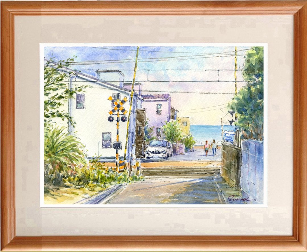Original watercolor painting Railroad crossing scenery near Shichirigahama on the Enoden - 海报/装饰画/版画 - 纸 绿色
