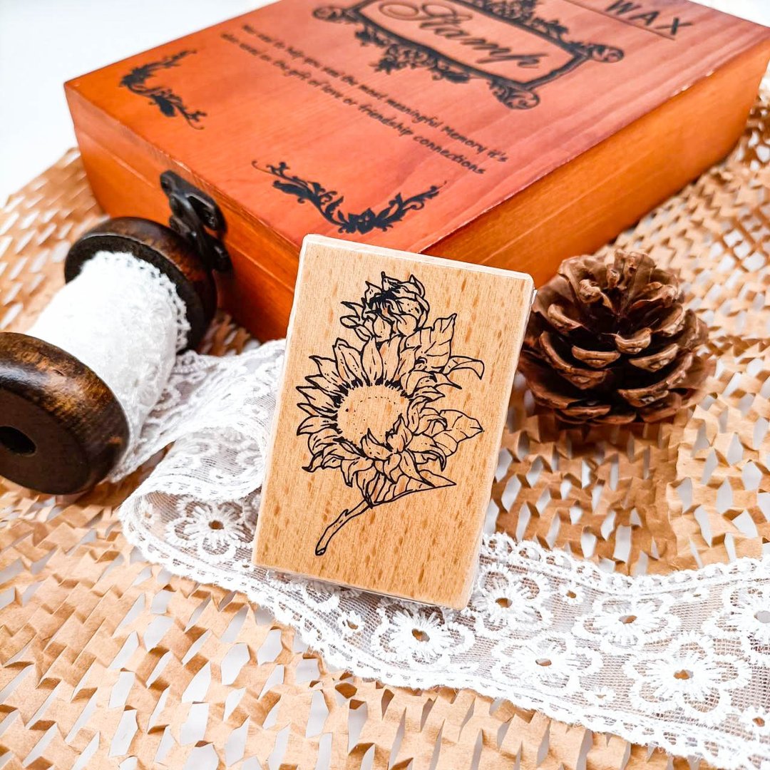 3E112_向日葵B/ Sunflower.B/櫸木印章 Wood Rubber Stamp - 印章/印台 - 木头 卡其色