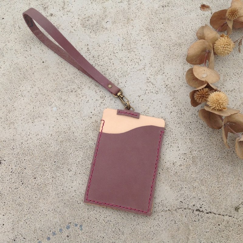 (短绳)直式识别证.证件夹,悠游卡套,卡片套名片手工缝制原皮+紫藕 - 证件套/卡套 - 真皮 粉红色