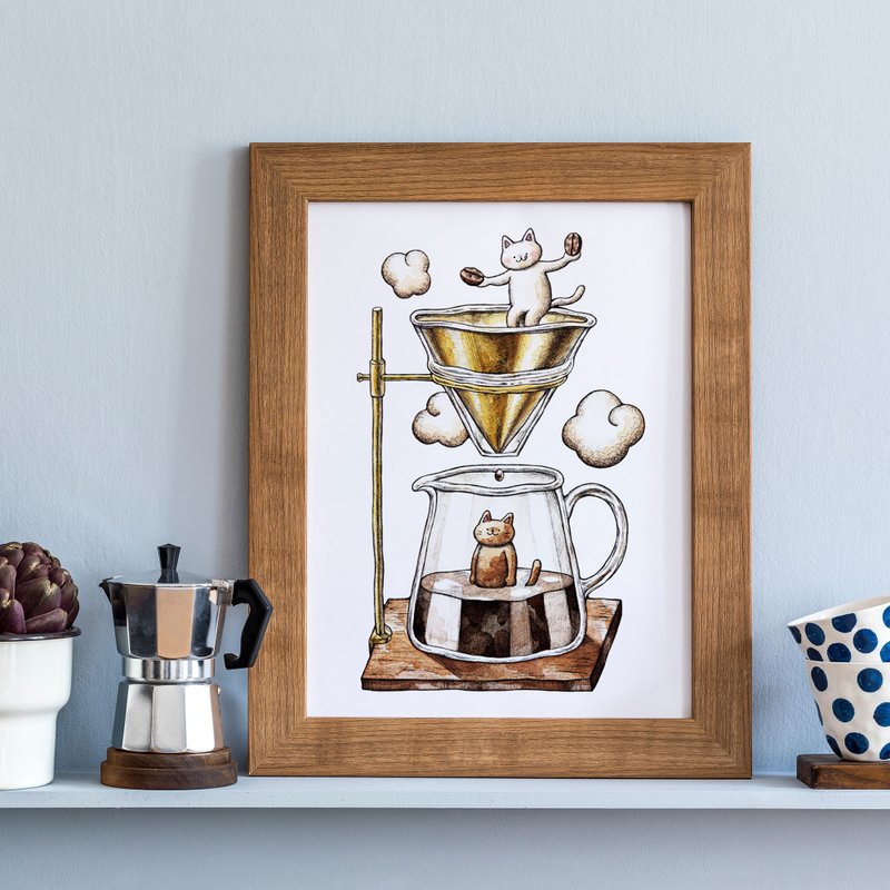 A4 Cat and Coffee Art print - 海报/装饰画/版画 - 纸 咖啡色