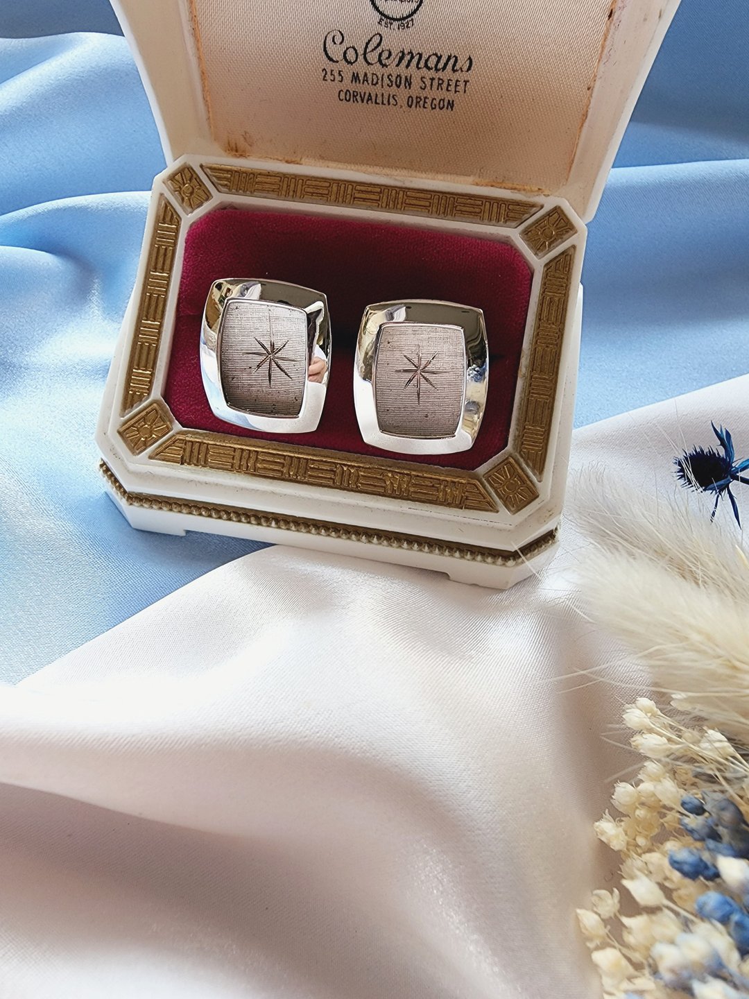美国西洋古董饰品 / 弧面银框雾底芒星纯银袖扣Cufflinks - 袖扣 - 纯银 