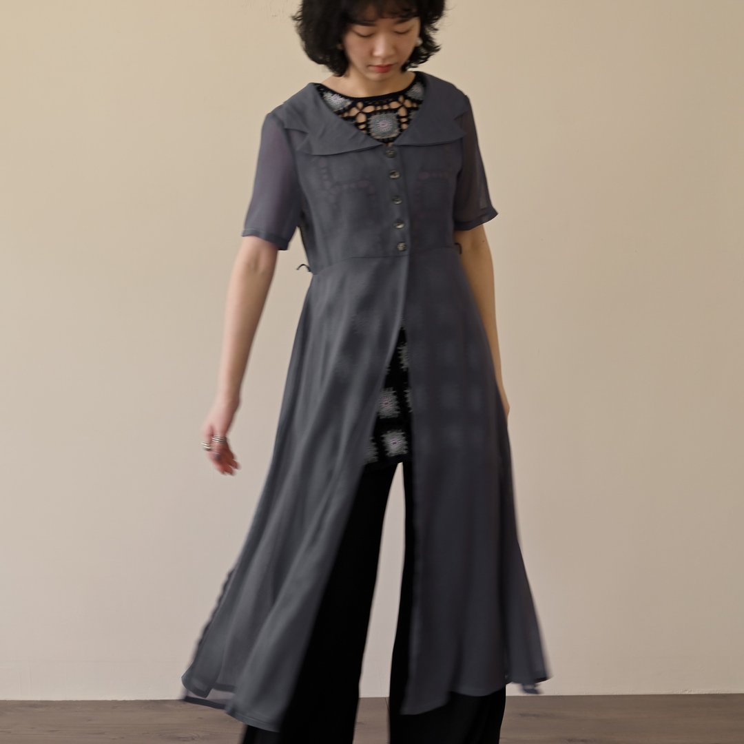 【NaSuBi Vintage】纯色纱质长版古着罩衫 - 女装上衣 - 其他人造纤维 