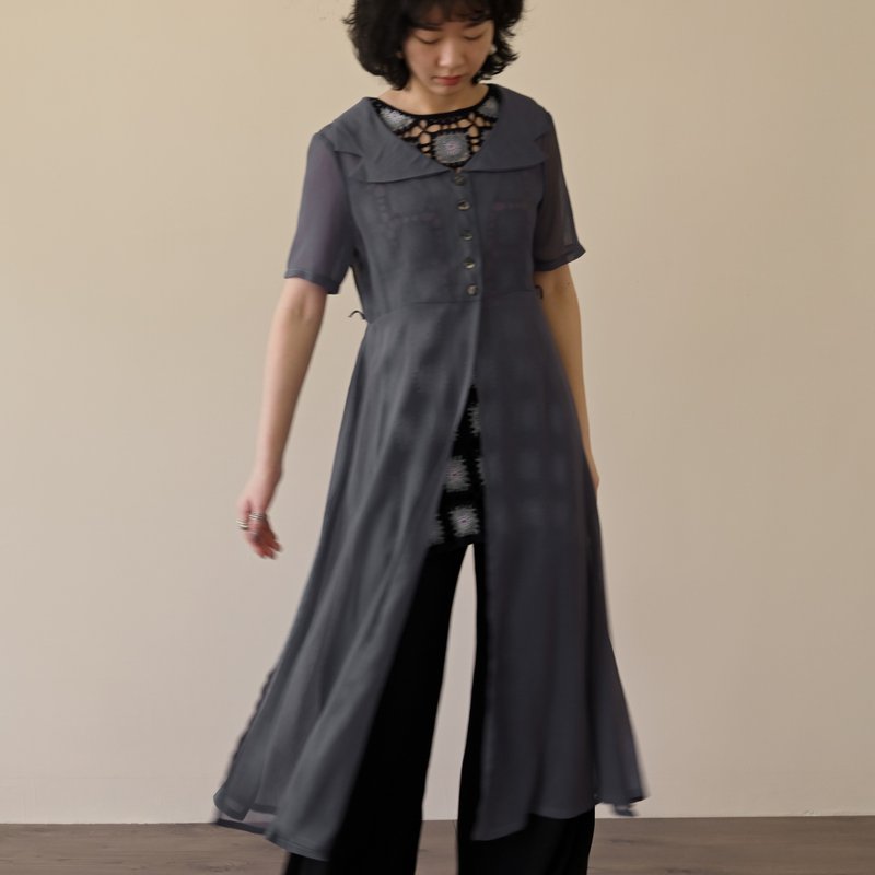 【NaSuBi Vintage】纯色纱质长版古着罩衫 - 女装上衣 - 其他人造纤维 