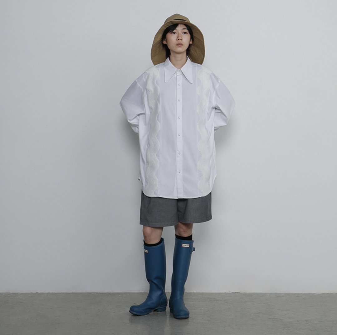 White Wave Shirt 刺繡波浪白条纹衬衫 無性別穿搭 - 女装衬衫 - 棉 白色