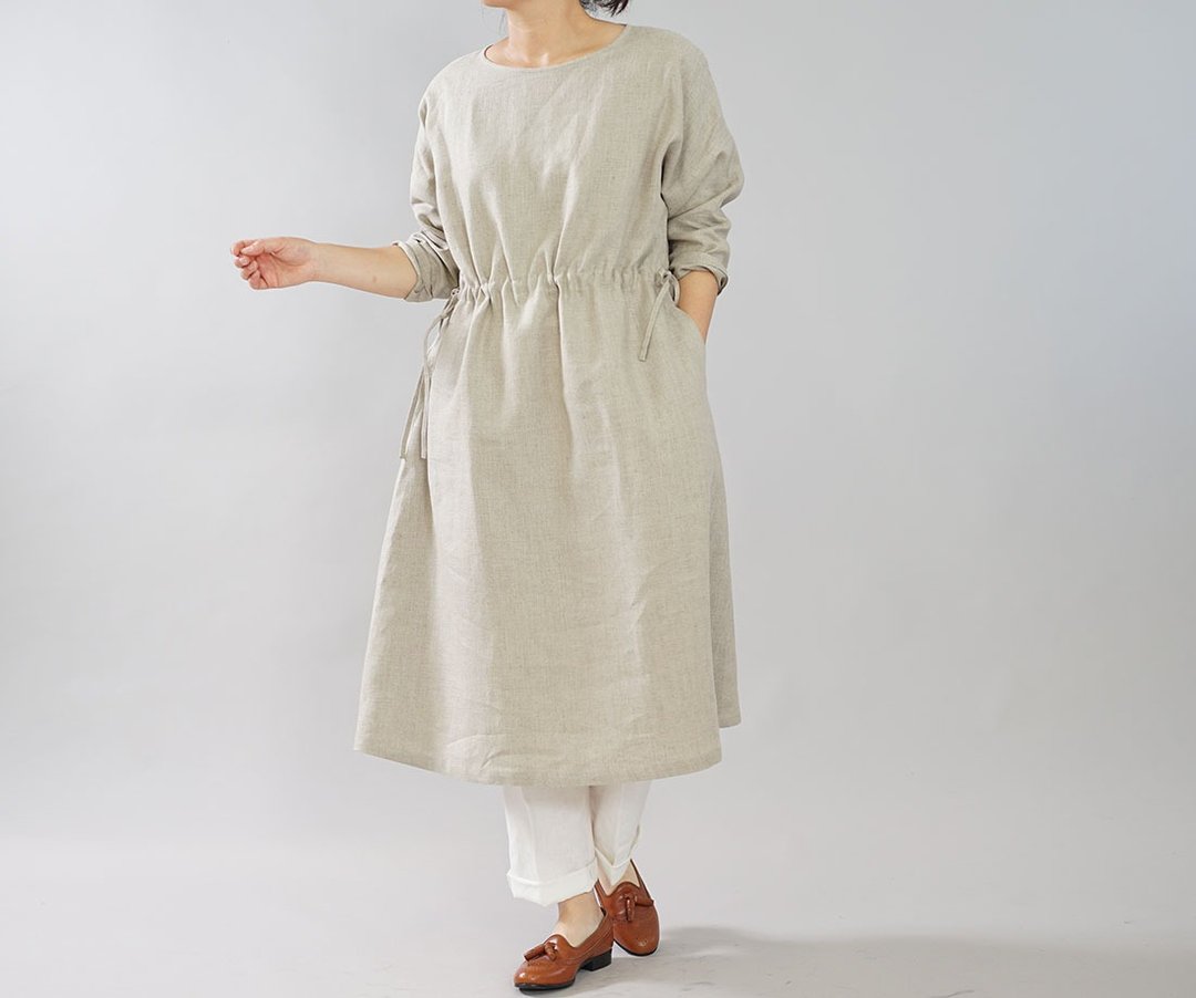 wafu - 純亞麻洋裝 Midweight Linen Drawstring Waist Dress / Flax Beige a012b-amn2 - 洋装/连衣裙 - 亚麻 卡其色