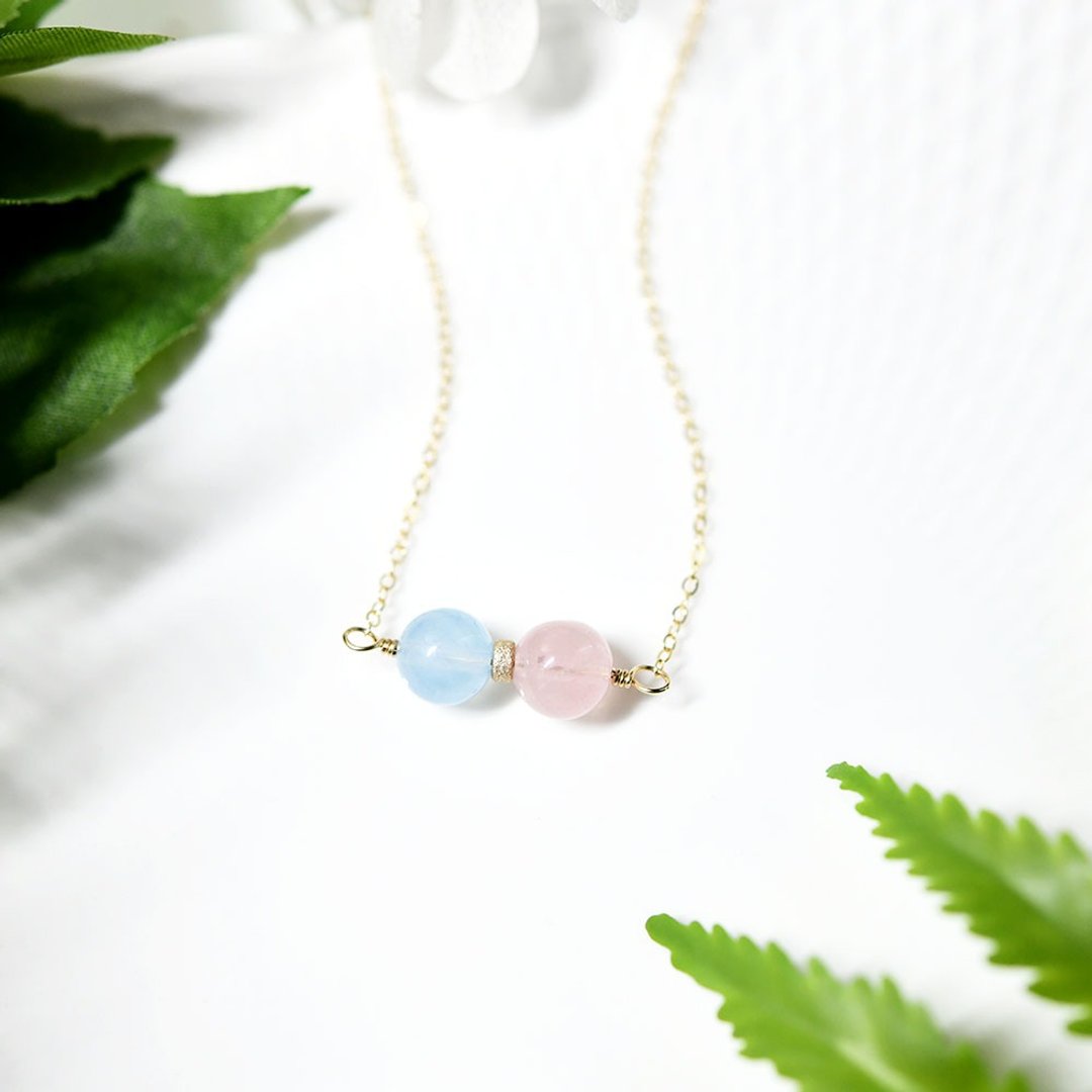 Build a happy home, angel Stone aquamarine and rose quartz necklace March birthstone 4 types - 项链 - 宝石 蓝色