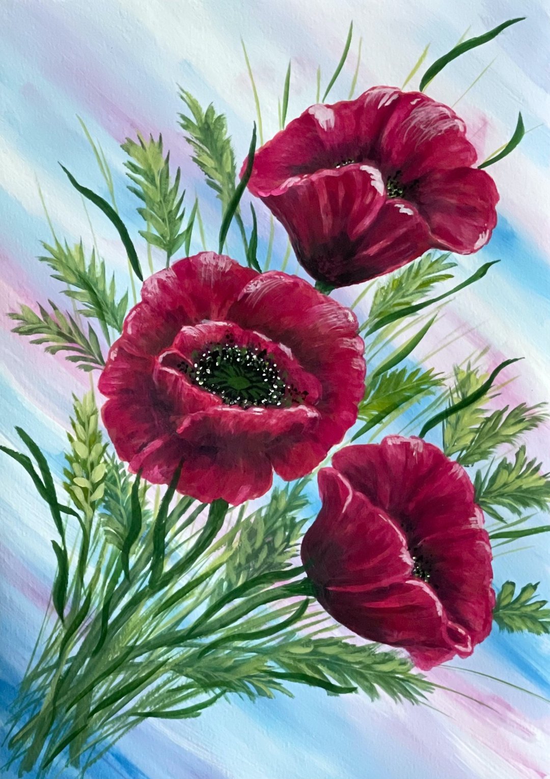 Bouquet of burgundy poppies. Painting Gouache. - 墙贴/壁贴 - 纸 