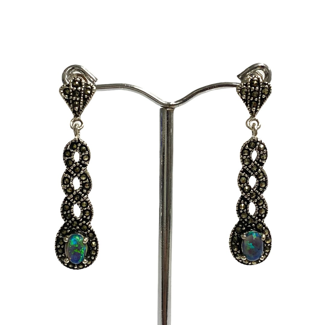 Art Deco Green Gilson Opal Spiral Set Pendant and Earrings 925 Sterling Silver - 耳环/耳夹 - 纯银 银色