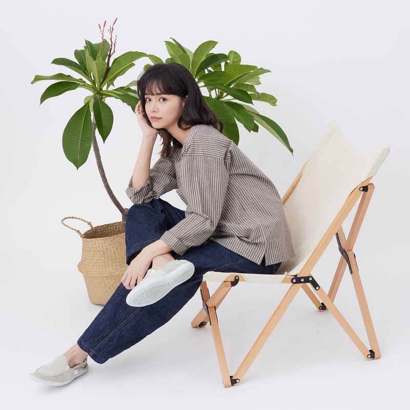 Eva棉麻条纹口袋极简上衣/深灰 - 女装上衣 - 棉．麻 卡其色