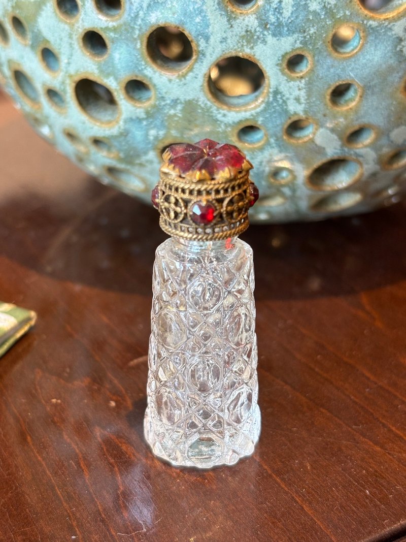 复古捷克雕花水晶玻璃配红宝石香水瓶 - 附水晶玻璃滴管 - 香薰/精油/线香 - 水晶 透明