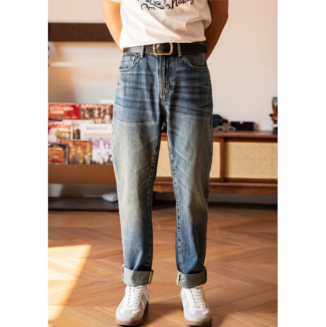 复古洗水蓝牛仔裤 14oz 中高腰锥形 洗水做旧工艺 入门款 705版型 - 男士长裤 - 棉 蓝色