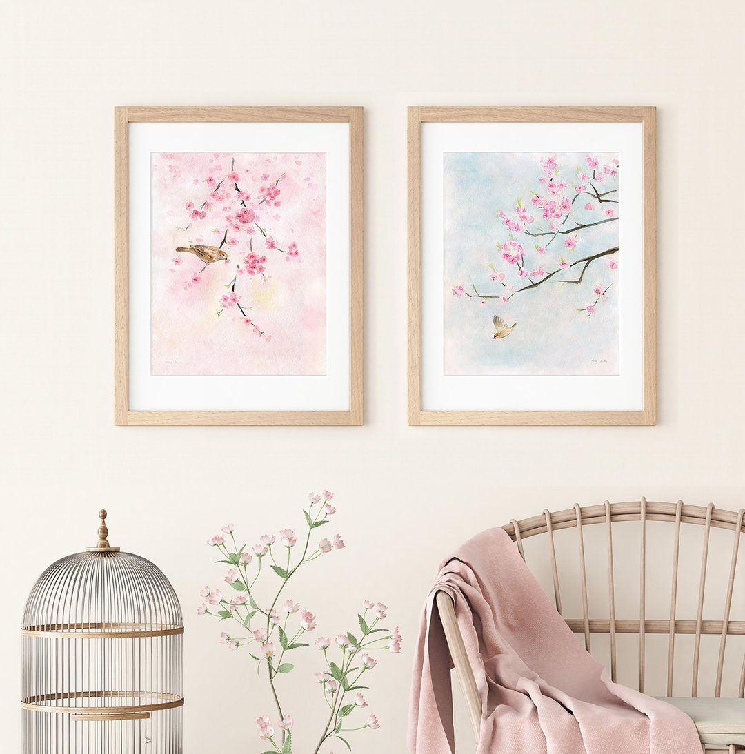 櫻花画组合-水彩-装饰画-民宿-风景-居家装饰-花鸟挂画-新春装饰 - 海报/装饰画/版画 - 纸 
