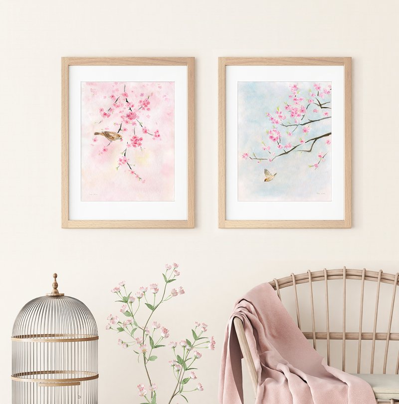 櫻花画组合-水彩-装饰画-民宿-风景-居家装饰-花鸟挂画-新春装饰 - 海报/装饰画/版画 - 纸 