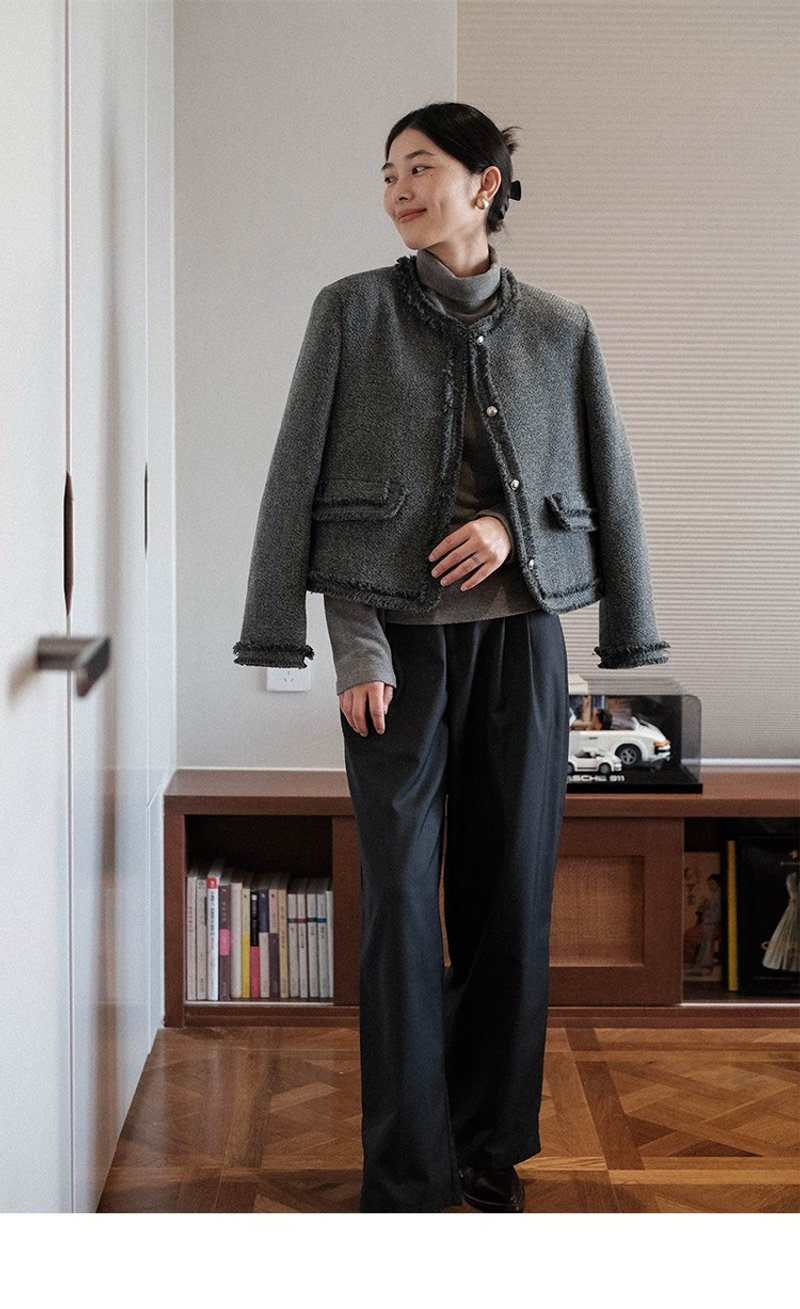 纯色小香风 秋冬羊毛短款外套夹克衫女 - 女装衬衫 - 羊毛 