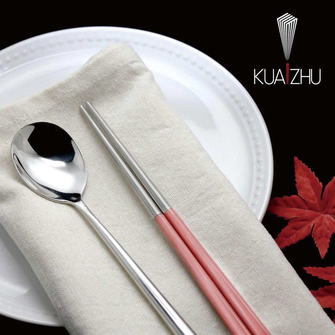 不锈钢四角嵌合筷匙餐具组 甜美粉(附加餐具袋) - 筷子/筷架 - 不锈钢 粉红色