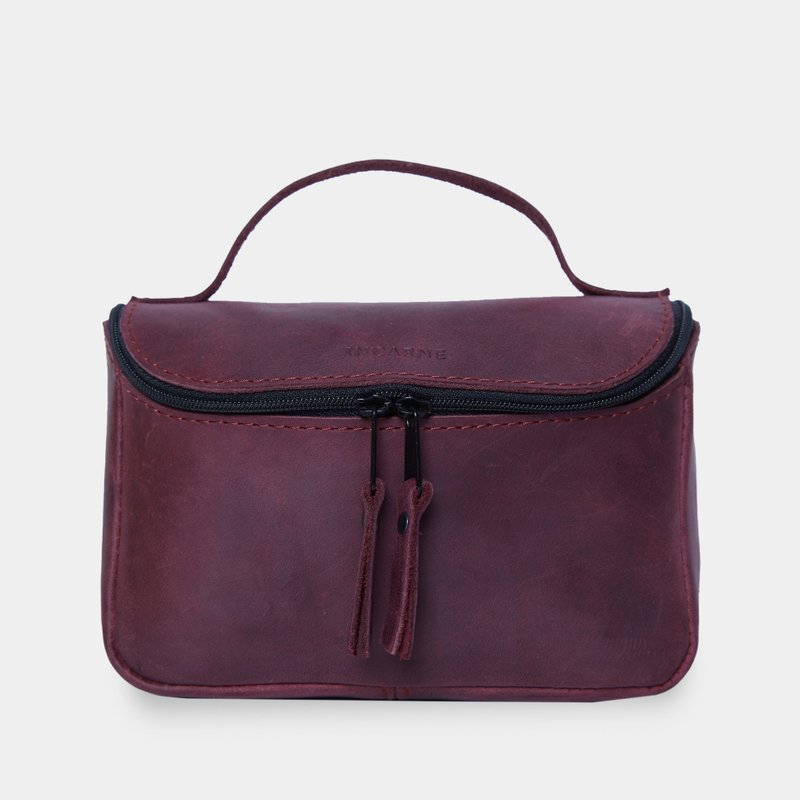 酒红色复古皮革洗漱包 – 手工制作的化妆品收纳包 - 化妆包/杂物包 - 真皮 紫色