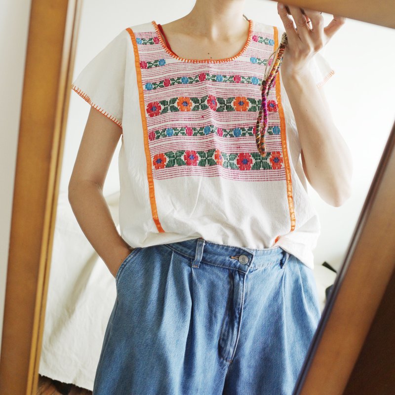 Vintage 墨西哥手工梭织huipil直身上衣 - 女装上衣 - 棉．麻 