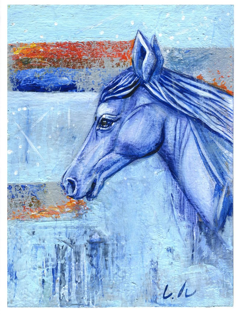Original Acrylic painting. Wild Horse . Size 7.8 x 10.4 inch - 海报/装饰画/版画 - 纸 多色