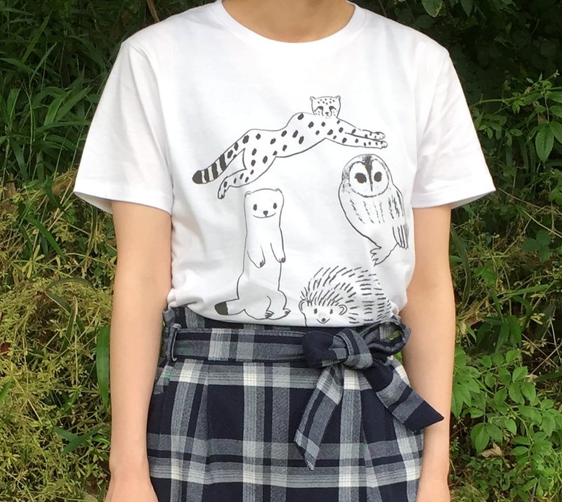 動物いっぱいTシャツ - 中性连帽卫衣/T 恤 - 棉．麻 白色