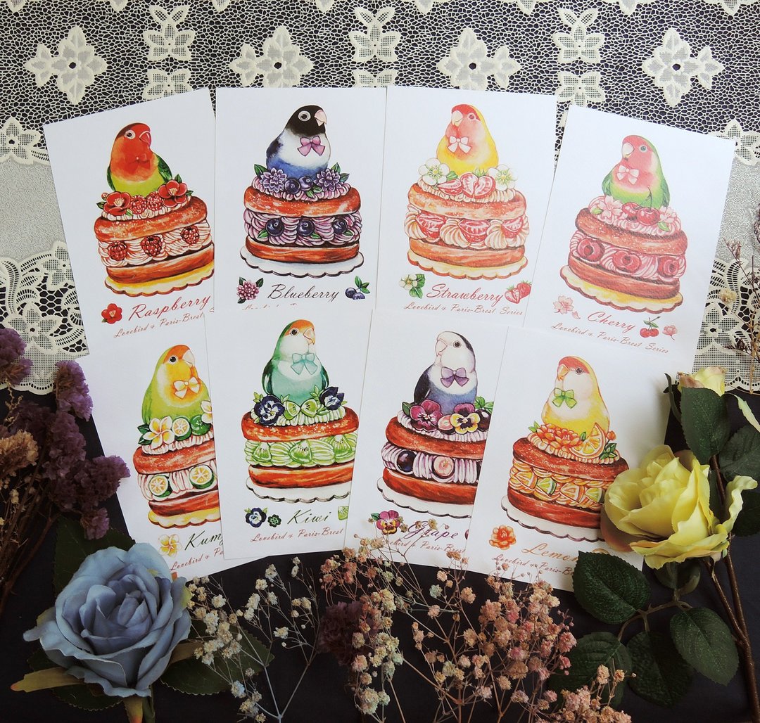 爱情鸟花圈泡芙塔明信片套组 - 卡片/明信片 - 纸 多色