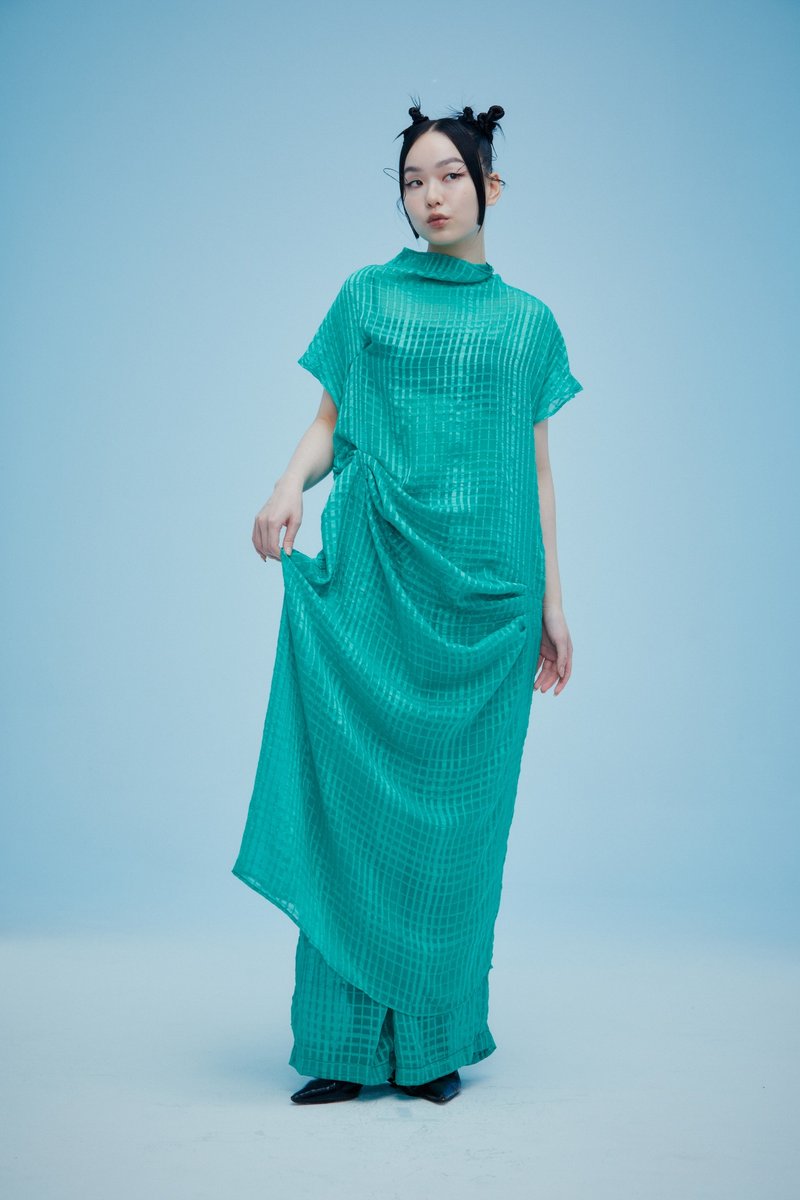 烦恼心绿色格子雪纺垂坠洋装 - 洋装/连衣裙 - 聚酯纤维 绿色