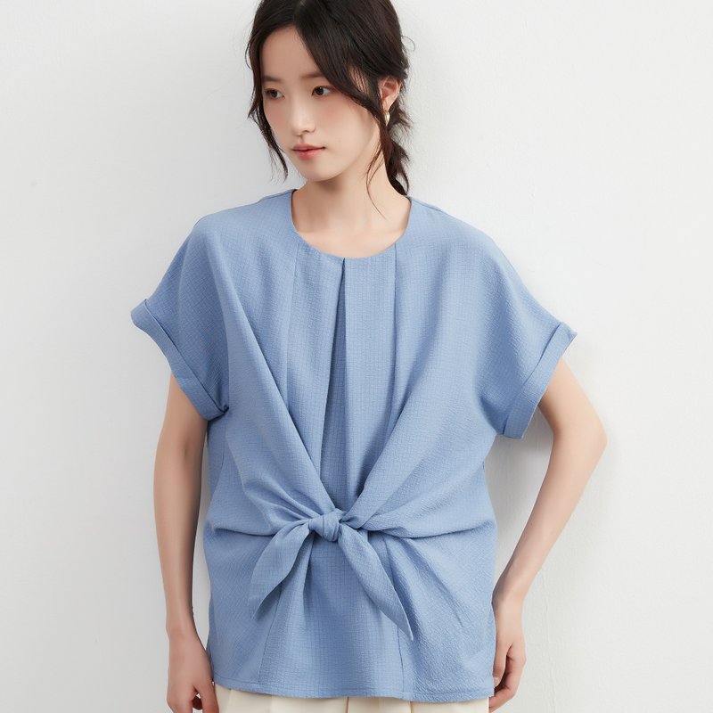 一件式百搭・绑结短袖上衣・圆领・前褶短袖衬衫・简约时尚夏日服饰 - 女装上衣 - 聚酯纤维 蓝色