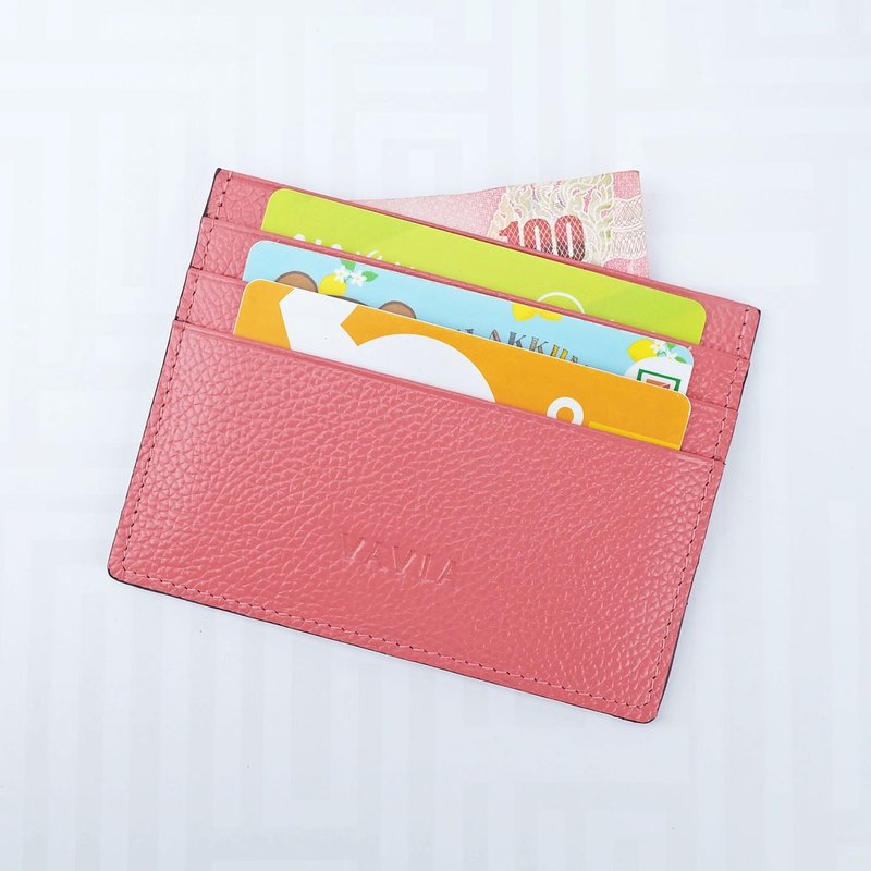 Coral Pink Cow Leather Card Holder - 皮夹/钱包 - 真皮 粉红色