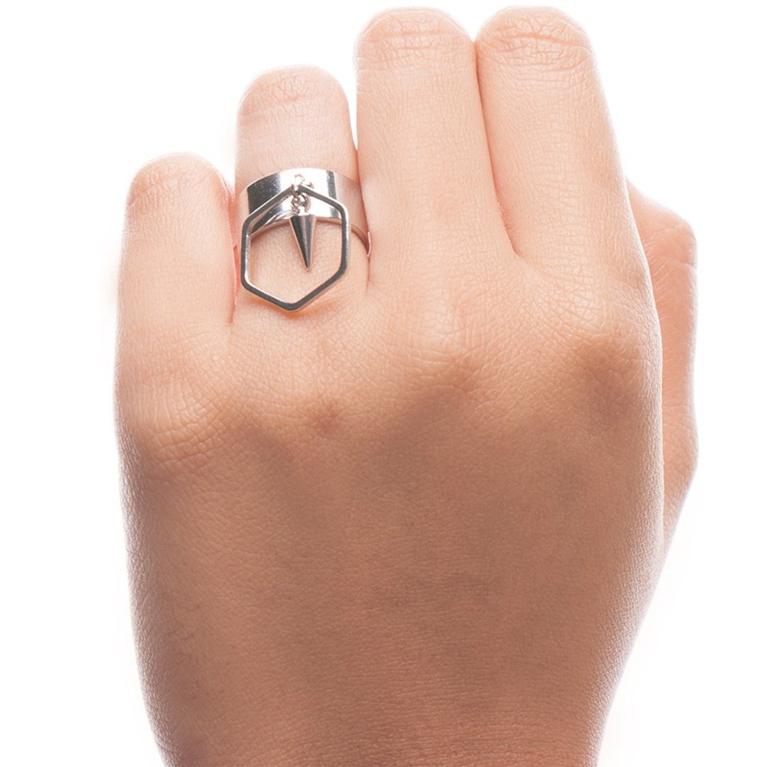 ::极简庞克系列:: 简约庞克铆钉几何形状个性可调节戒指 /::Minimalist PUNK Collection:: Rhodium Plated Minimalist Punk Geometric Adjustable Ring Spike Hexagon Loop Band - 戒指 - 其他金属 银色