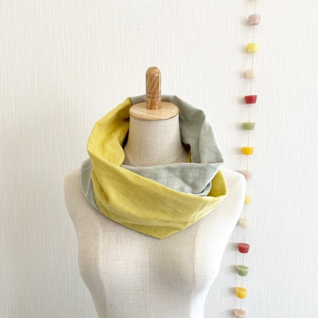 Made in Japan High quality double gauze fluffy dreamy snood bicolor lemon yellow mint green - 围巾/披肩 - 棉 多色