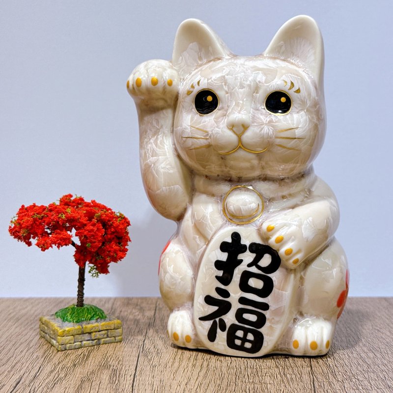 【晶彩吉运】日本清水烧招财猫 | 花结晶 杏 休花 招福 右 - 摆饰 - 瓷 卡其色