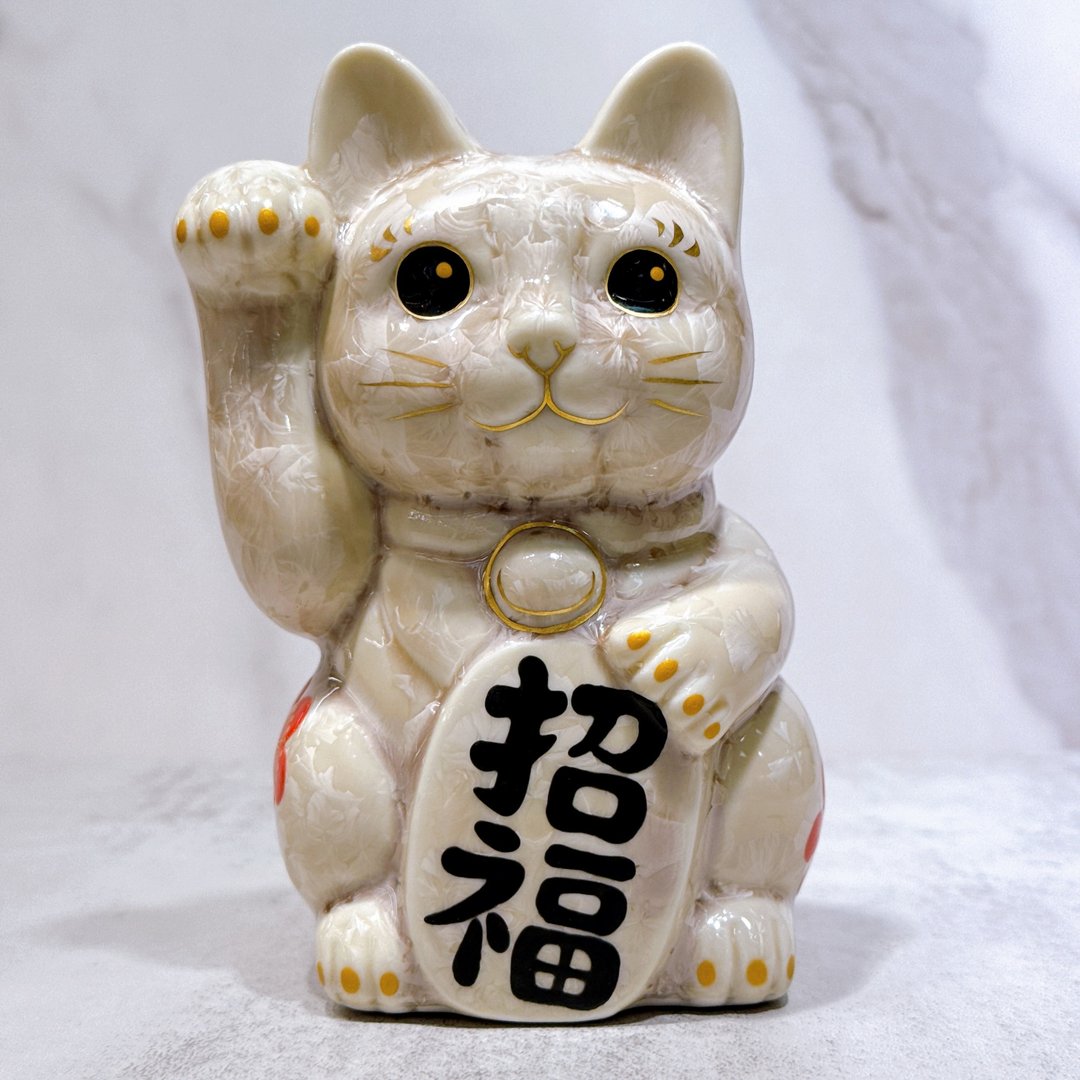 【晶彩吉运】日本清水烧招财猫 | 花结晶 杏 休花 招福 右 - 摆饰 - 瓷 卡其色