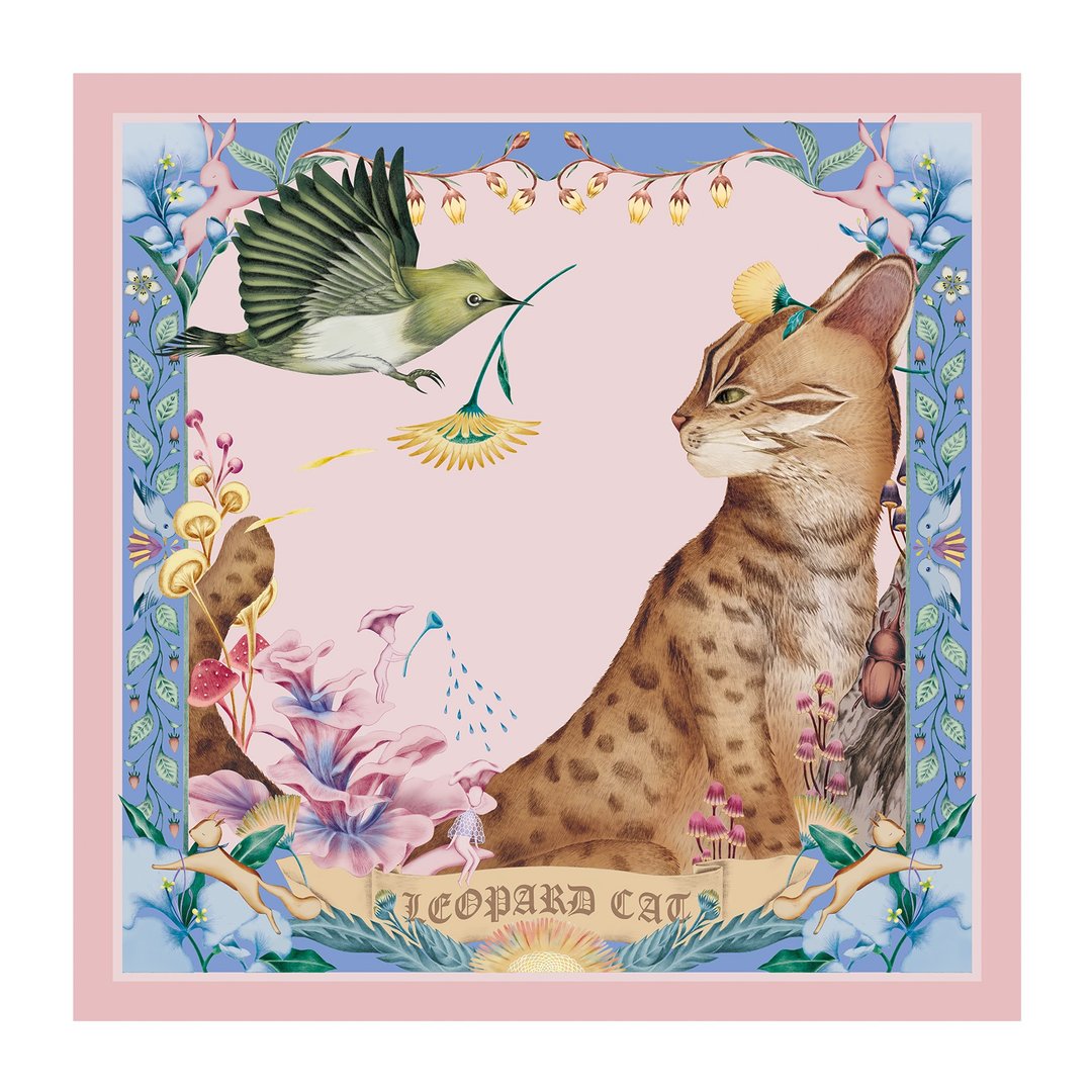 手绘丝巾 / 绿绣眼与石虎 / 裸粉 / 65x65cm - 丝巾 - 聚酯纤维 粉红色