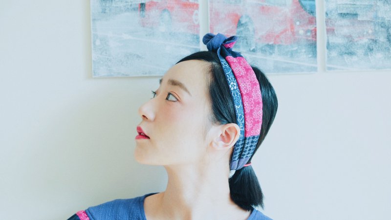 肌里竹节花柄玫红拼布//手绑发带Patchwork Rose red Headband - 发饰 - 棉．麻 紫色