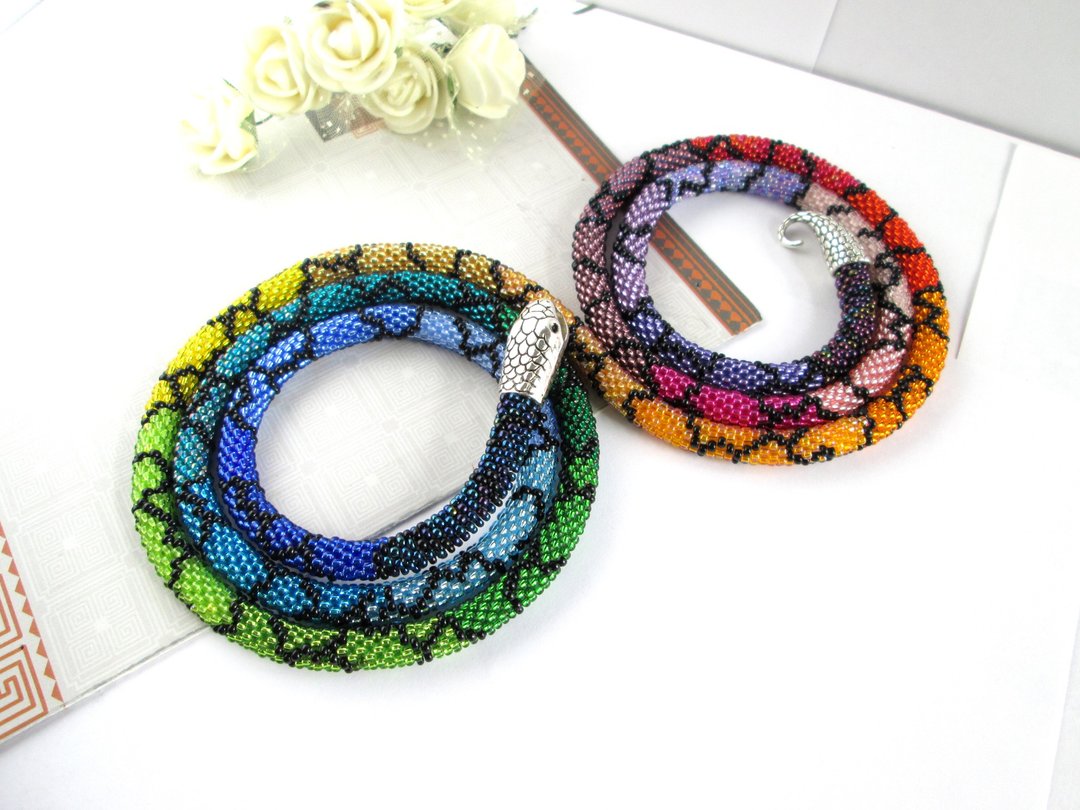 Rainbow Snake necklace bracelet Ouroboros jewelry Serpent rope Beaded necklace S - 长链 - 其他材质 多色