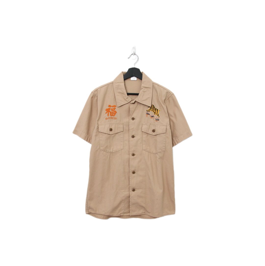 Back to Green-动物图衬衫 卡其色 刺绣老虎 at-03 vintage shirt - 男装衬衫 - 棉 