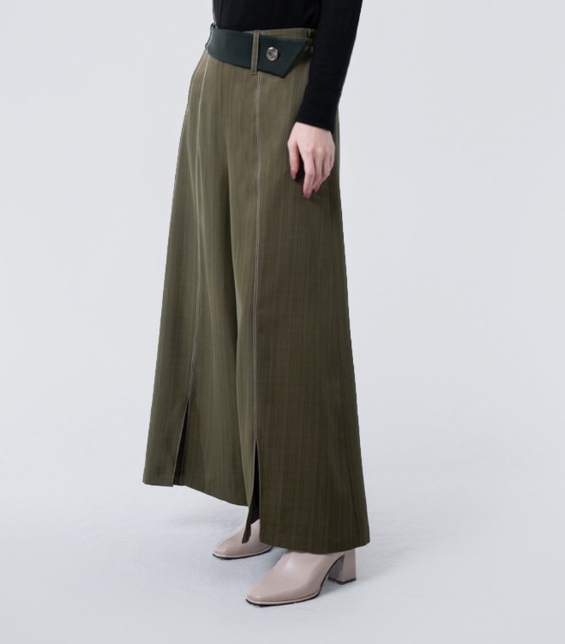 造型切线腰带扣松紧大宽裤－橄榄绿 / 四季款 - 女装长裤 - 聚酯纤维 绿色