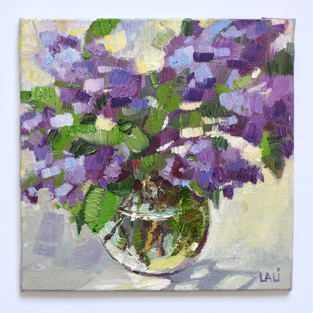 帆布面板上的原始油画 15x15cm 丁香花静物注射器 - 墙贴/壁贴 - 其他材质 紫色