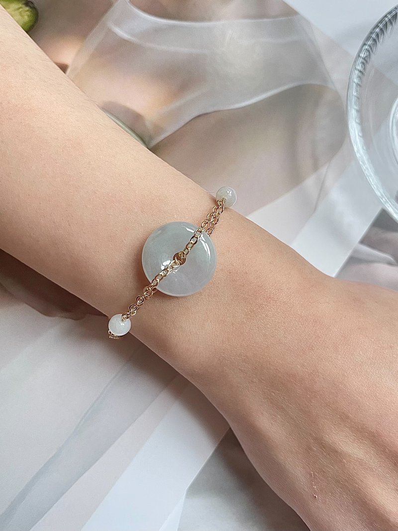 缅甸玉A玉翡翠-冰冰白翡平安扣翡翠14K包金手链 天然石 礼物 玉 - 手链/手环 - 玉石 金色