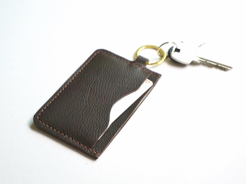 Leather Card Holder in brown with key ring, house key, access card holder - 名片夹/名片盒 - 真皮 咖啡色