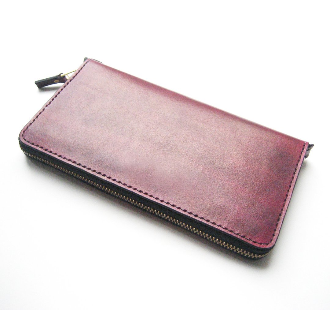 【Xuan Leather选皮革】三边拉链长夹［复古酒红色］皮夹ㄇ型拉链 可订制其他颜色 - 皮夹/钱包 - 真皮 红色