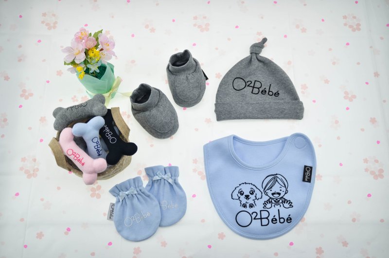 婴儿 配件 - 弥月礼盒 - 水蓝/灰 - 婴儿帽 袜 手套 围兜 - 围嘴/口水巾 - 棉．麻 白色