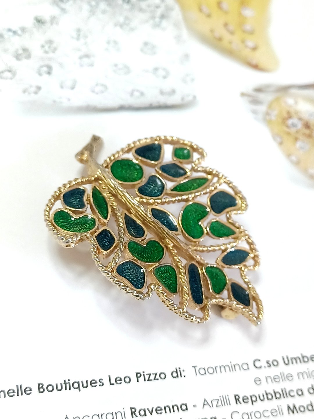 Avintage jewelry Florenza 古董蓝绿珐琅叶形 胸针 别针 - 胸针 - 其他金属 