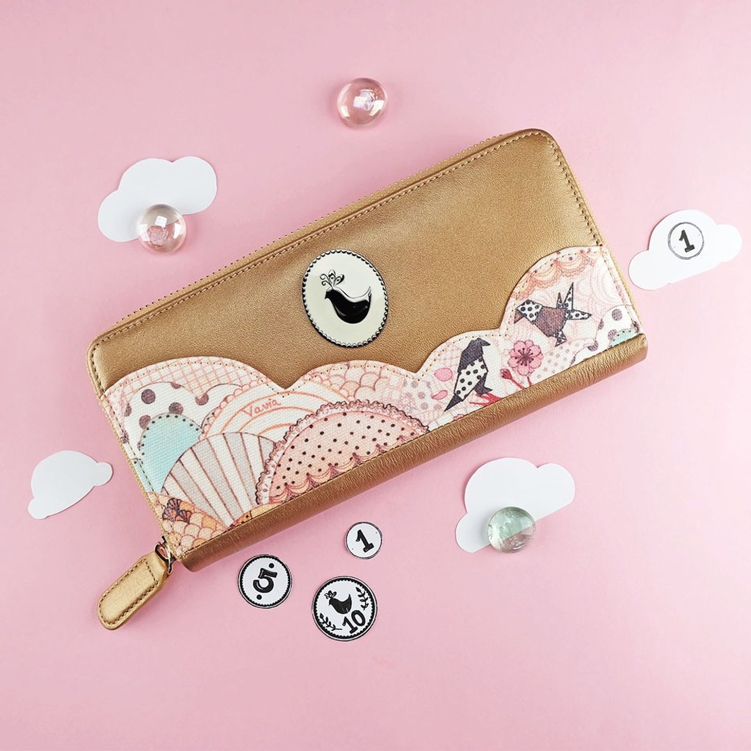 "Sakura Doily"Cloudy Curve Zip Around Long Wallet / Cow Leather 錢包- 皮革-財布 - 皮夹/钱包 - 真皮 金色