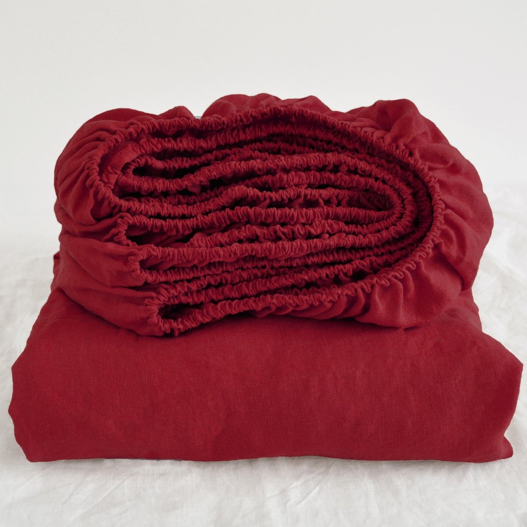 Maroon linen fitted sheet / Softened linen bed sheet / Deep pocket - 寝具 - 亚麻 红色