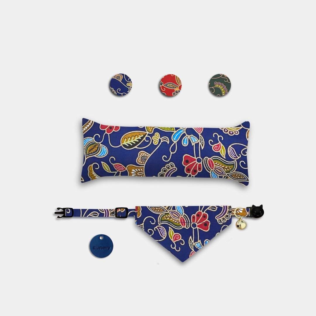 宠物猫咪派对礼盒 | 手工定制 Batik Blue Cat Bundle Box Set - 项圈/牵绳 - 棉 蓝色