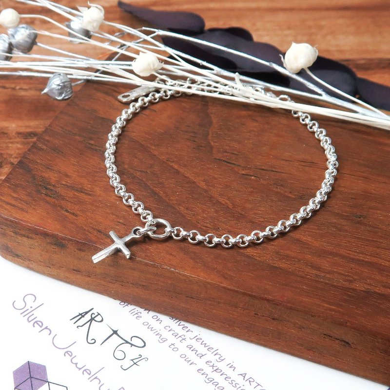 母亲节礼物 迷你十字架手链 925纯银女生手链 - 手链/手环 - 纯银 银色