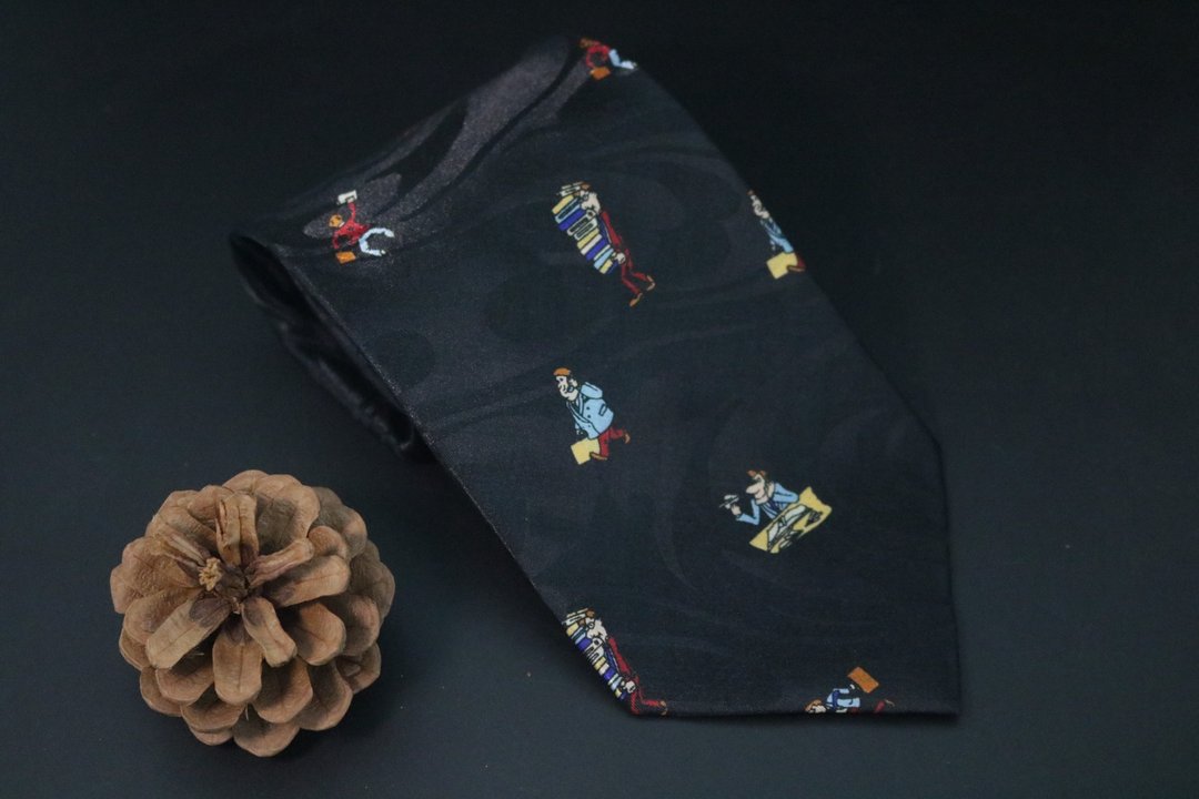 黑色真丝小人印花领带雅痞休闲趣味tie礼盒 - 领带/领带夹 - 丝．绢 黑色
