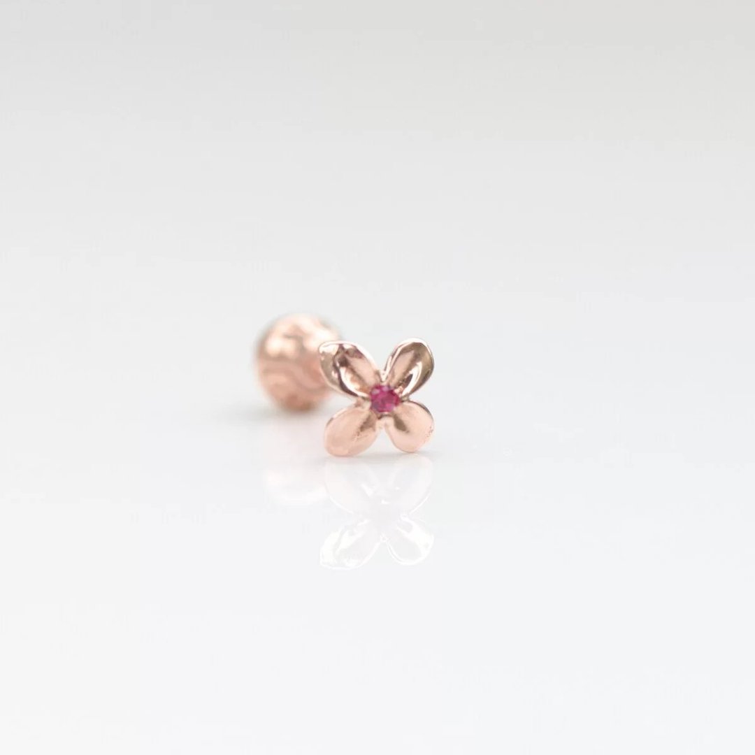 14K 红宝石花瓣锁珠耳环 (单个)耳骨 耳窝 不退色 - 耳环/耳夹 - 贵金属 金色