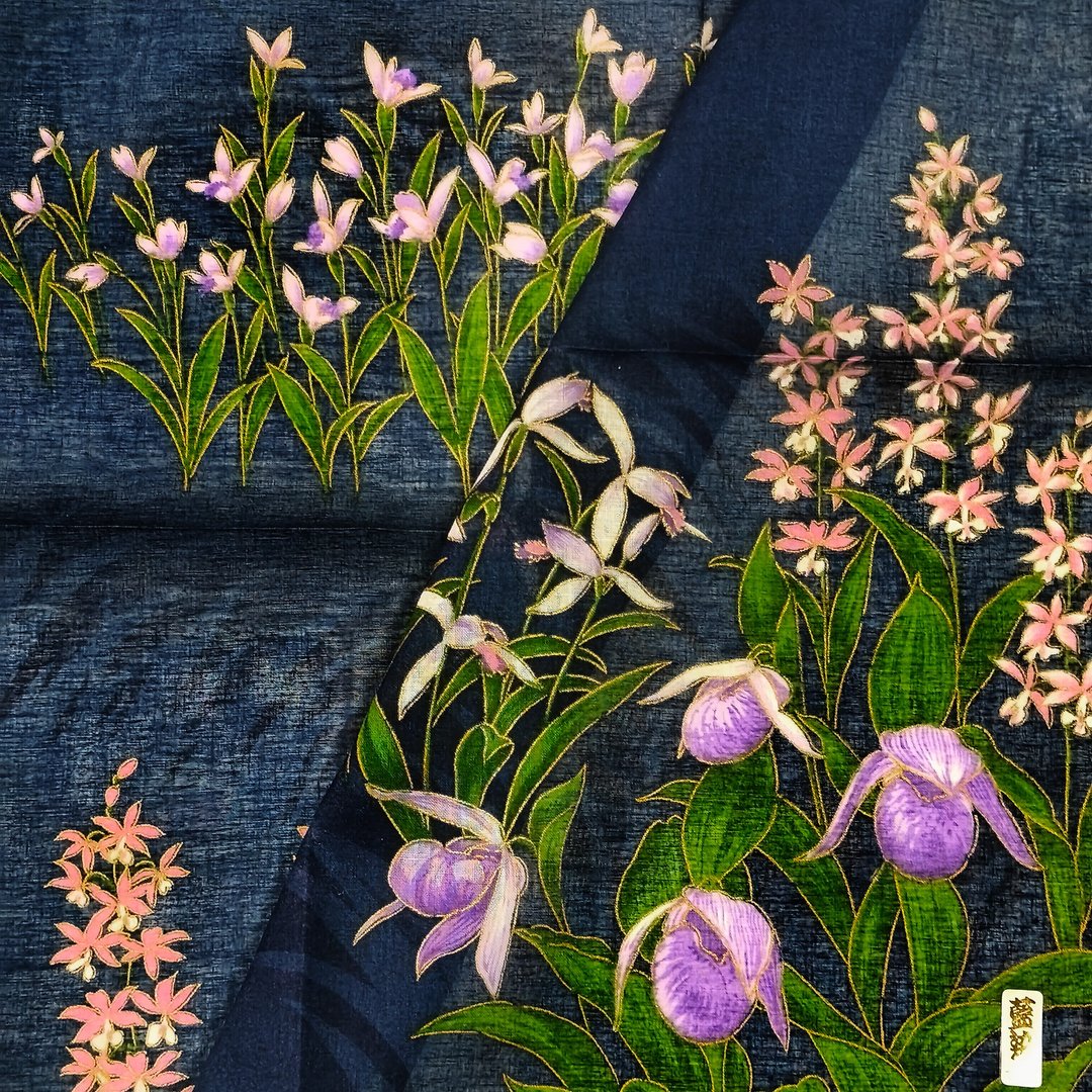 复古日本手帕 - 白兰、鹭草与拖鞋兰 21 x 21 英寸 - 手帕/方巾 - 棉 蓝色