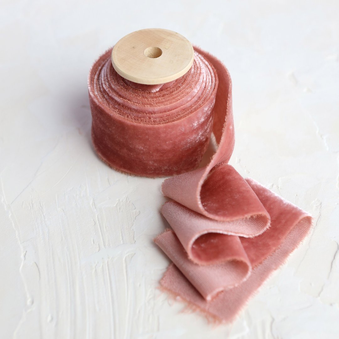 Desert Rose Velvet Silk Ribbon | Hand Dyed Velvet Silk Ribbon on Wooden Spool - 包装材料 - 丝．绢 粉红色